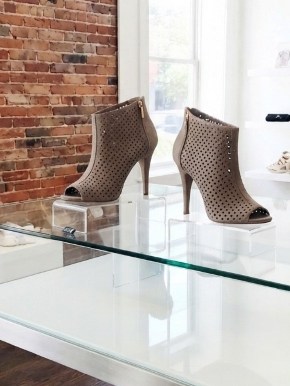 Peep-Toe Perforated High-Heel Booties in Taupe